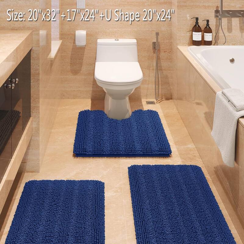 Ultra Soft Striped Non Slip Chenille Bathroom Rug Set 3 Pieces - Denim Blue