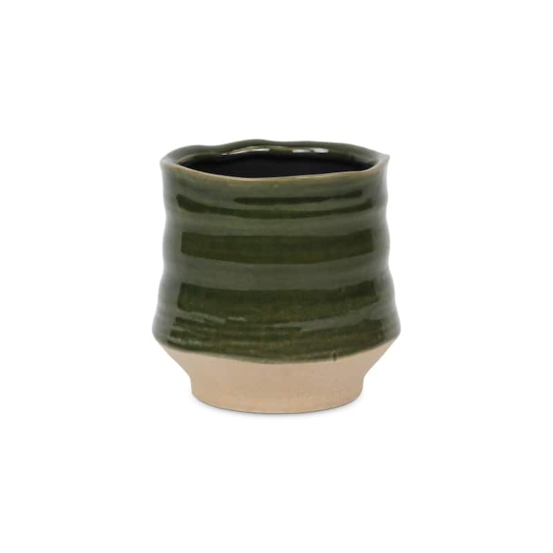 Perlacea Curved Round Tapering Ceramic Pot - Green - Small