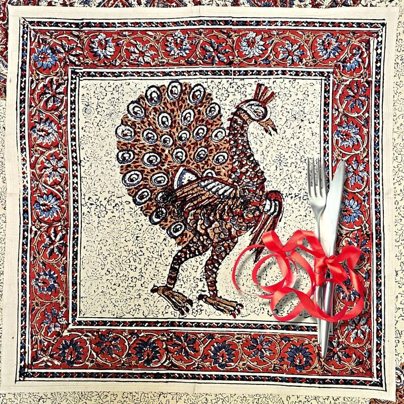 Block Print Veggie Dye Peacock Paradise Paisley Tablecloth Collection