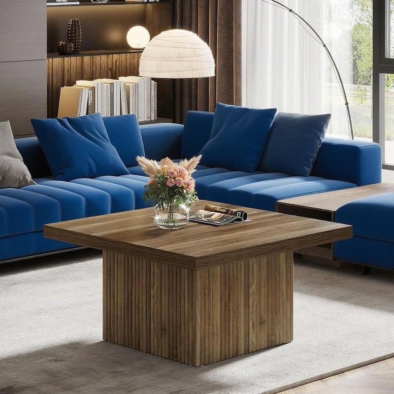 31.5 Inch Modern Rustic Square Coffee Table with Vintage Finish and Decorative Base Design - 31.5”L x 31.5”W x 19.68”H