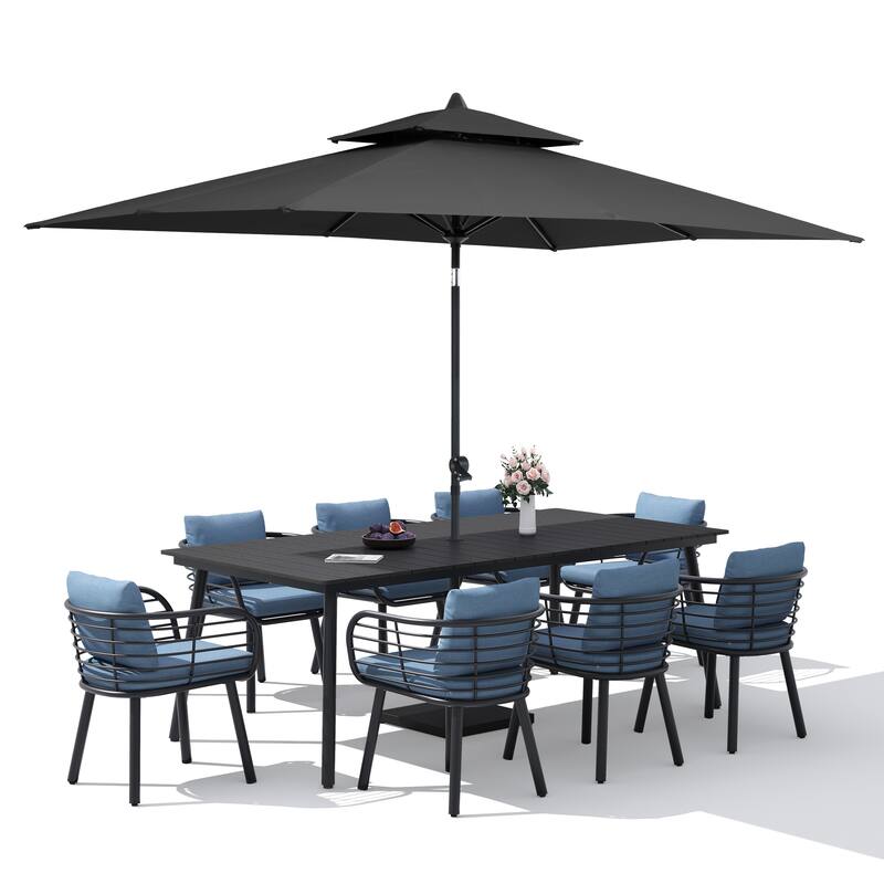 9/11-PieceOutdoor Patio Dining Set with Sunbrella Cushions Aluminum Dining Table and Chairs w/10 ft Umbrella and Base