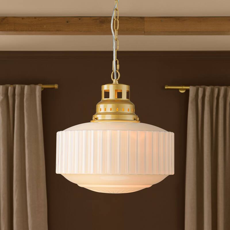 1-Light Mid-Century Modern Brass & White Ribbed Glass Pendant Light for Dining Room - 1 Light - White
