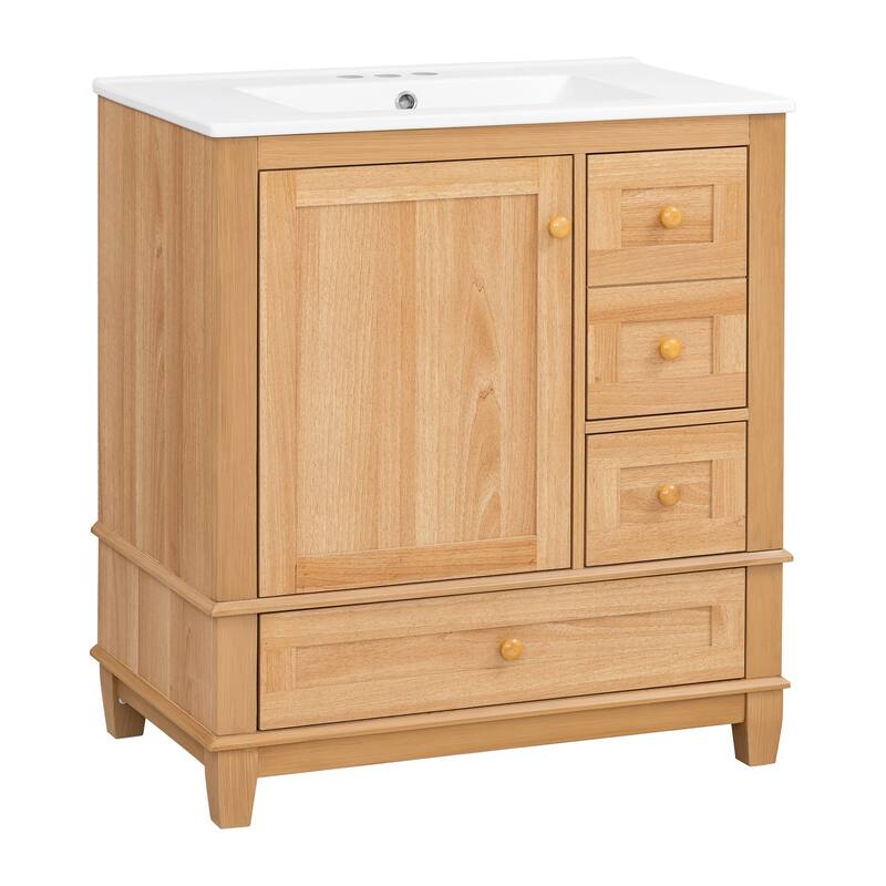 30" Bath Vanity with Sink - 3 Drawers, Door Shelf & Soft-Close Mechanism
