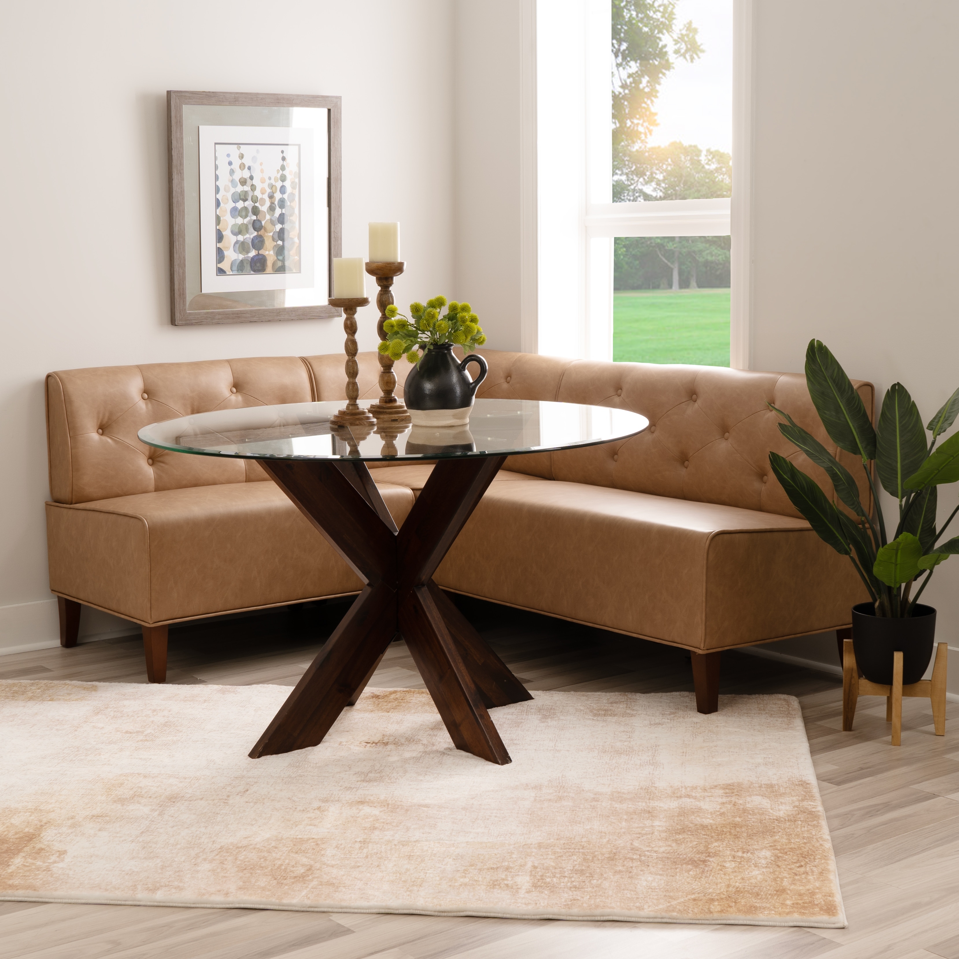 Linon Allard Faux Leather Nook and Round X-Base Dining Table Set