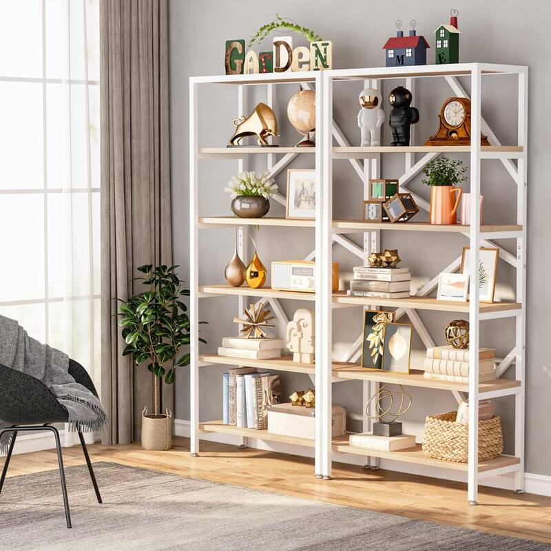 71" Industrial Bookshelf, 6 Tier Rustic Brown Wood Etagere Bookcase, Open Book Shelves
