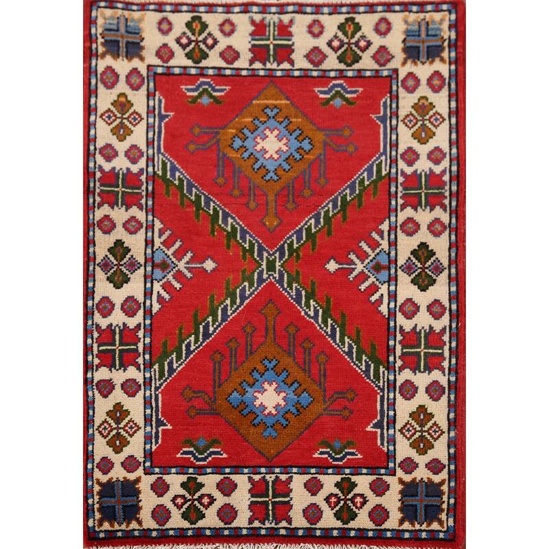 Geometric Red Kazak Accent Rug Hand-Knotted Wool Carpet - 2'1" x 2'11"