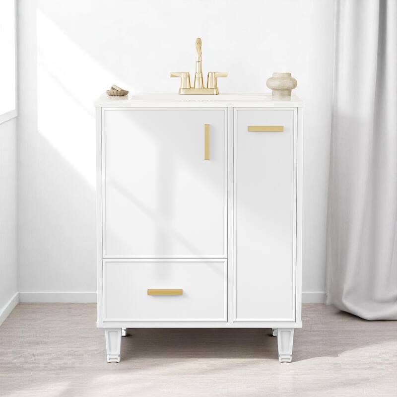24" Bathroom Vanity with Sink, Freestanding Cabinet with Drawer, Pull-Out Basket & Shelf, Soft-Close Door, Ceramic Basin - White