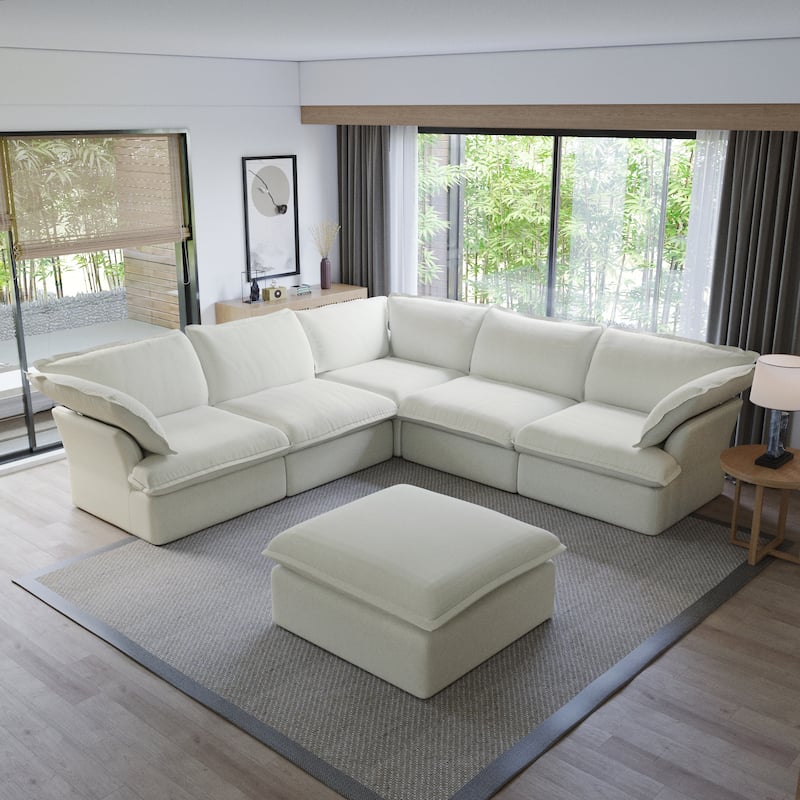L-shape Sectional Sofa Modern Upholstered Modular Sofa - Beige with Ottoman