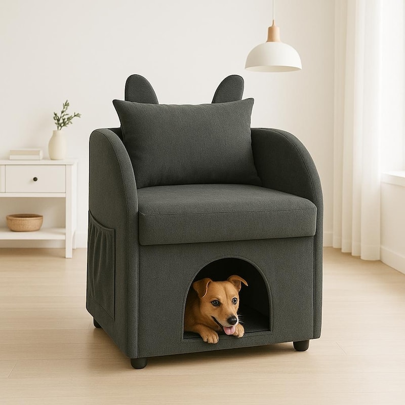 Velvet Bunny-Ear Pet-Friendly Armchair with Built-in Cat & Dog Hideaway, Plush Dual-Use Sofa Chair