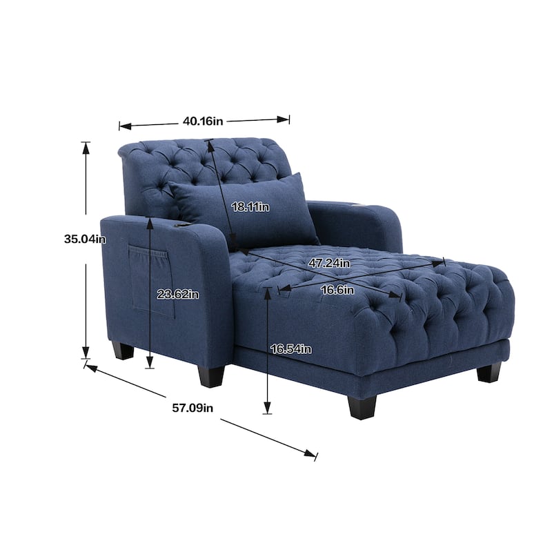 Linen Upholstered Multifunctional Tufted Wireless Charging Leisure Sleeper Armchair with 2 Cup Holders