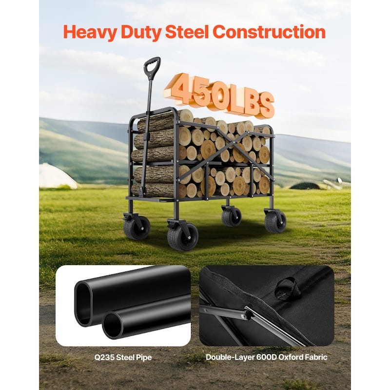 Black Steel Double Decker Wagon Folding Cart with 600D Oxford Fabric and PVC Wheels - 44.09 in x 22.05 in x 31.50 in