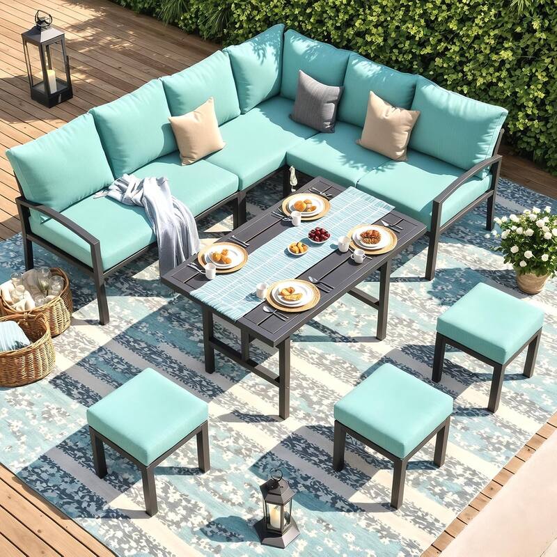 AECOJOY Metal Patio Furniture Set 7 Pieces Modern Outdoor Conversation Set - 7 Pieces with Table - Green
