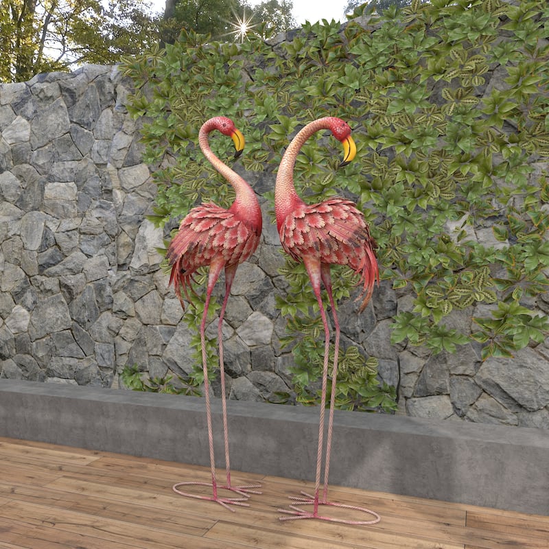 Metal Flamingo Indoor Outdoor Standing Decorative Garden Sculpture with Yellow Accents - Set of 2 Pink - Roche River Decor