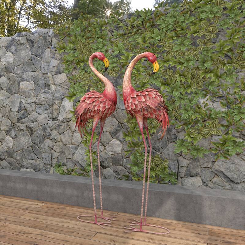 Pink Metal Indoor Outdoor Standing Flamingo Decorative Garden Sculpture with Yellow Accents and Coiled U Shaped Feet (Set of 2)