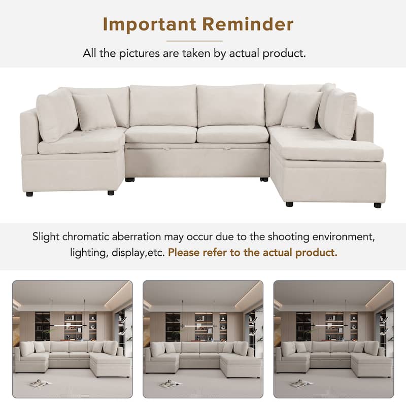 Oversized Sectional Sofa, 117.3" U - Shaped Sofa Couch Pull Out Sofa Bed with 2 Throw Pillows for Living Room - Beige