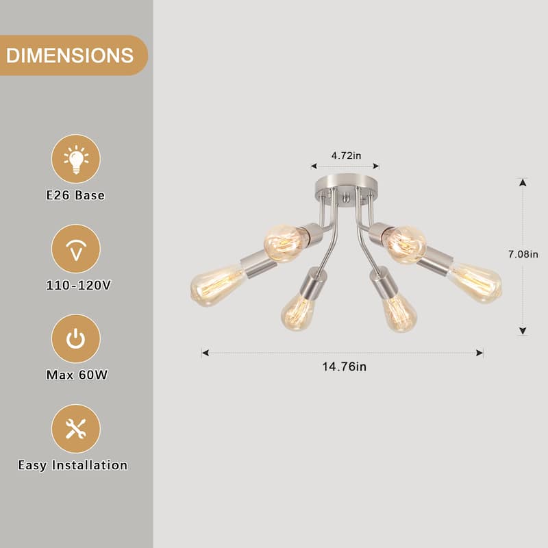 6-Light Modern Sputnik Light Fixture Semi Flush Mount Ceiling Lighting - 14.76' W