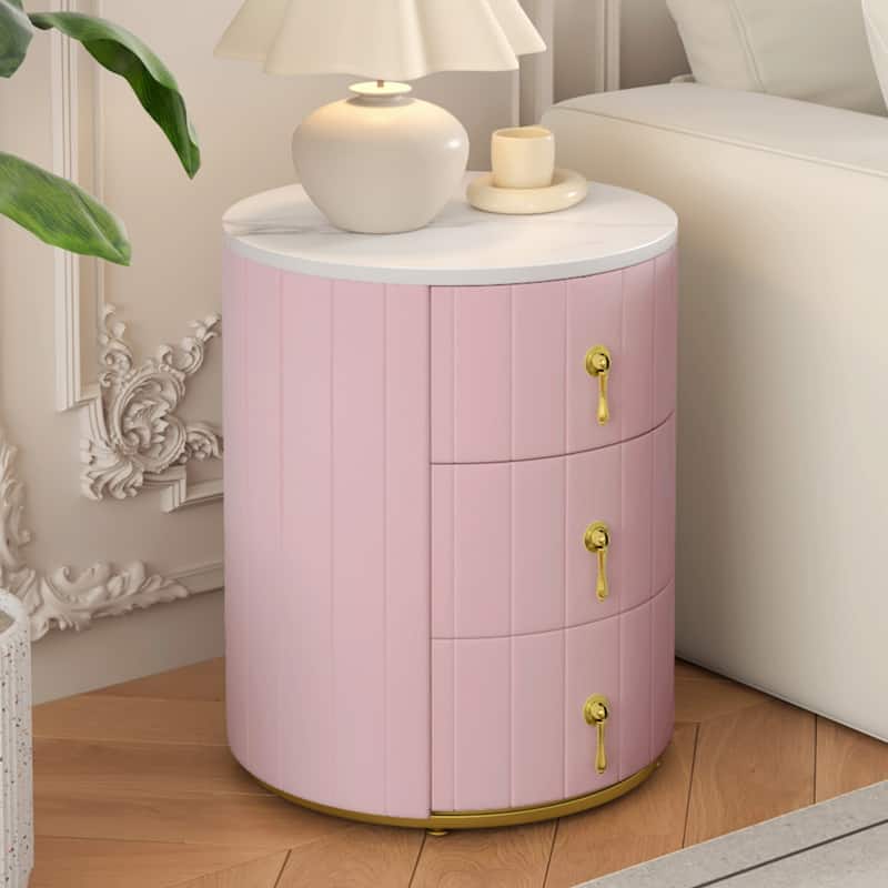 Round Nightstand with 3 Drawers, Velvet Upholstered Storage Cabinet, Sofa Side Table with Marble Table Top & Metal Legs