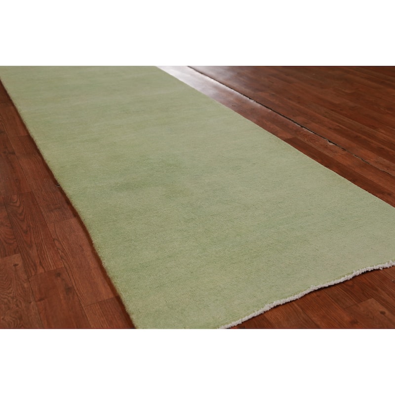 Hand Knotted Oriental 100% Wool Carpet Modern Solid Green Gabbeh Runner Rug - 8' 3'' X 2' 9''