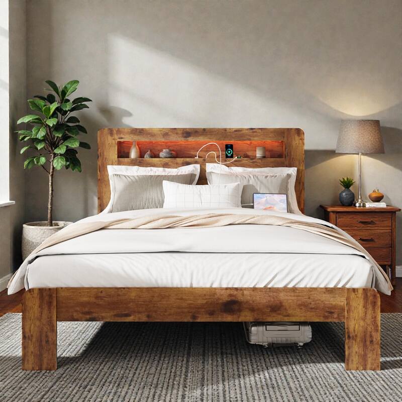 Wood Platform Bed Frame with LED Storage Headboard, USB Charging Ports, Noise-Free Design & Large Underbed Storage