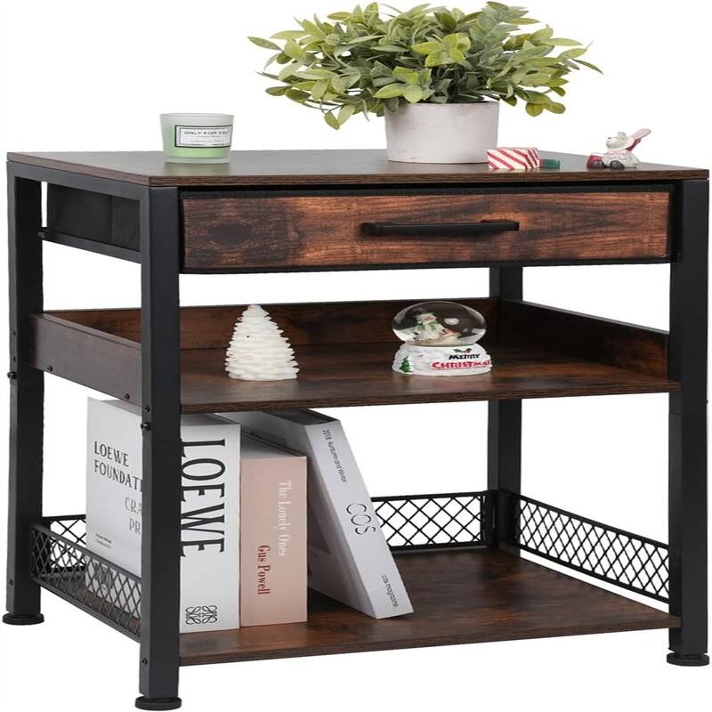 Brown Nightstand Printer Table with Drawers - 11.81"D x 15.75"W x 25.79"H