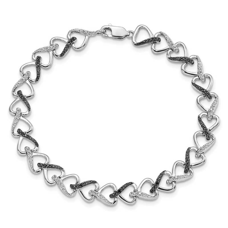 Curata 925 Sterling Silver Lobster Claw Closure Black and White Diamond Bracelet