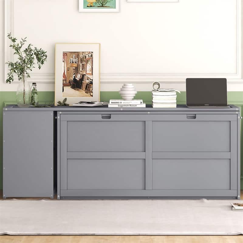 Queen Size Mobile Murphy Cube Cabinet Bed with Rotable Desk, Solid Wood Murphy Bed Chest Platform Murphy Bed for Guest Room