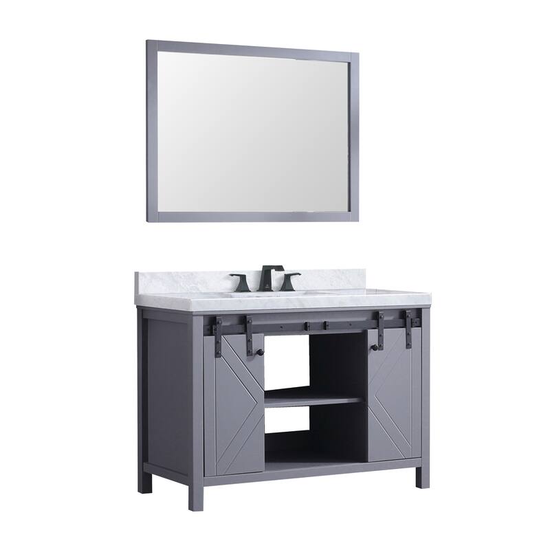 Marsyas 48 in W x 22 in D White Bath Vanity, Grey Quartz Countertop, Faucet Set and 44 in Mirror