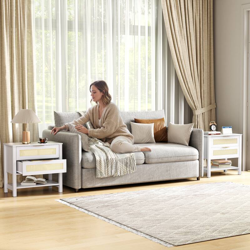 Rattan Nightstand with 2 Drawers and Storage Shelf Boho Bedside Narrow Side Table for Bedroom