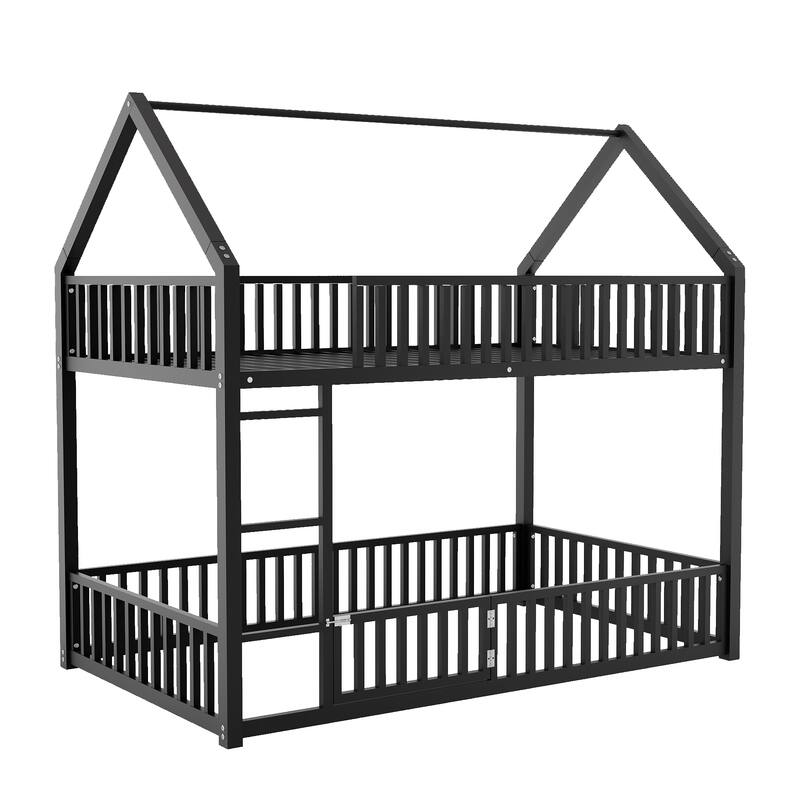Metal Twin over Twin House Bunk Bed with Fence, Door & Playful Design