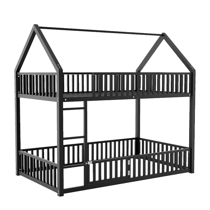 Twin over Twin House Bunk Bed Metal Floor Bed with Fence and Door