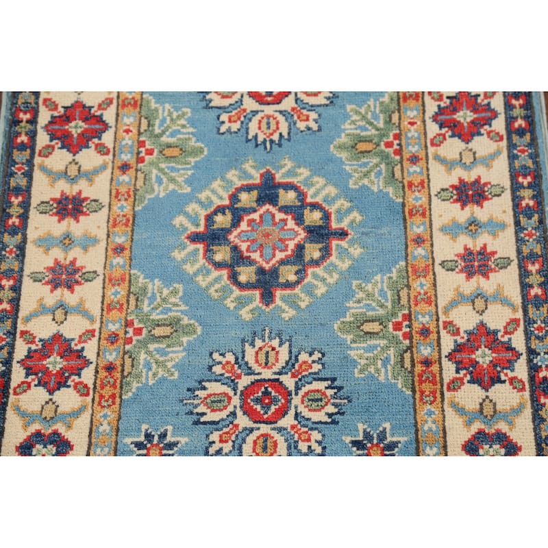 Light Blue Geometric Kazak Accent Rug Hand-Knotted Wool Carpet - 2'1"x 2'10"