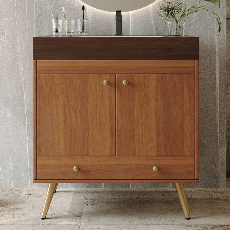 Mid-Century 30" Freestanding Bathroom Vanity with Faux Marble Top, Ceramic Sink & Gold Legs Cabinet