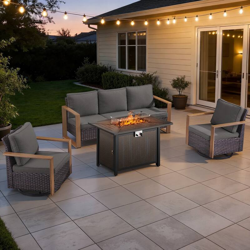 Meyreso Wicker Outdoor Patio Metal Fire Pit Set with Swivel Gliders & 4.5" Olefin Cushions - Brown / Gray Cushions - 4-Piece