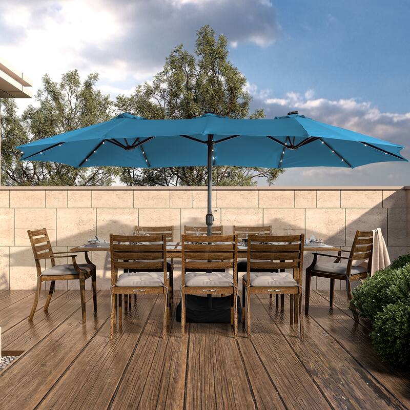 Clihome 15FT Double-Sided Solar Light Market Crank Umbrella with Base - Turquoise