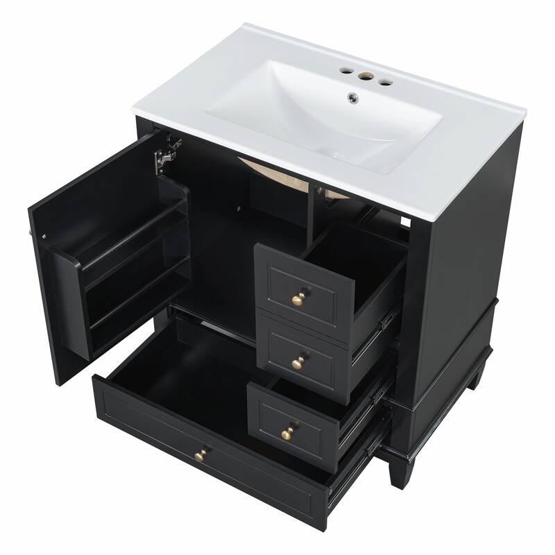 30" Bathroom Vanity with Sink, Soft-Close Door, One Door with Shelf & Three Drawers
