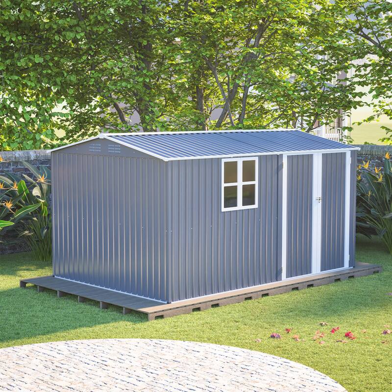 8x12 Ft Storage Shed Outdoor, XL Heavy-Duty Steel Building with Window-Features Hinged Gray Doors & 4 Air Vents for Backyard - Gray