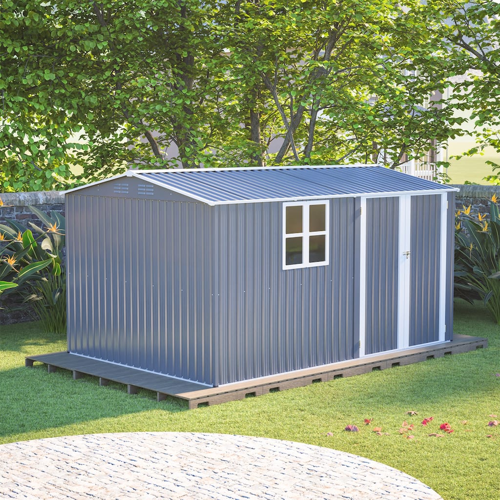8x12 Ft Storage Shed Outdoor, XL Heavy-Duty Steel Building with Window-Features Hinged Gray Doors & 4 Air Vents for Backyard