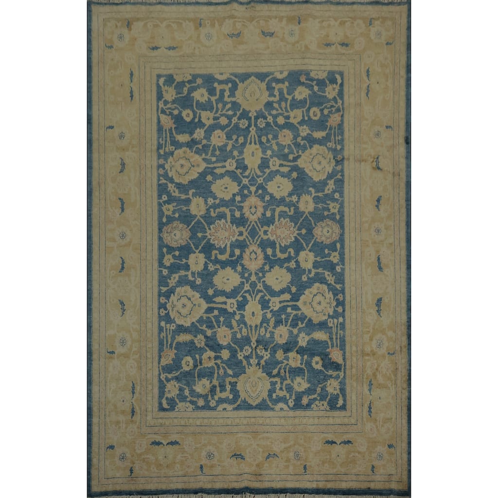 Hand Knotted Oriental 100% Wool Carpet Transitional Floral Navy Blue & Blues Oushak Area Rug - 9' 11'' X 8' 2''