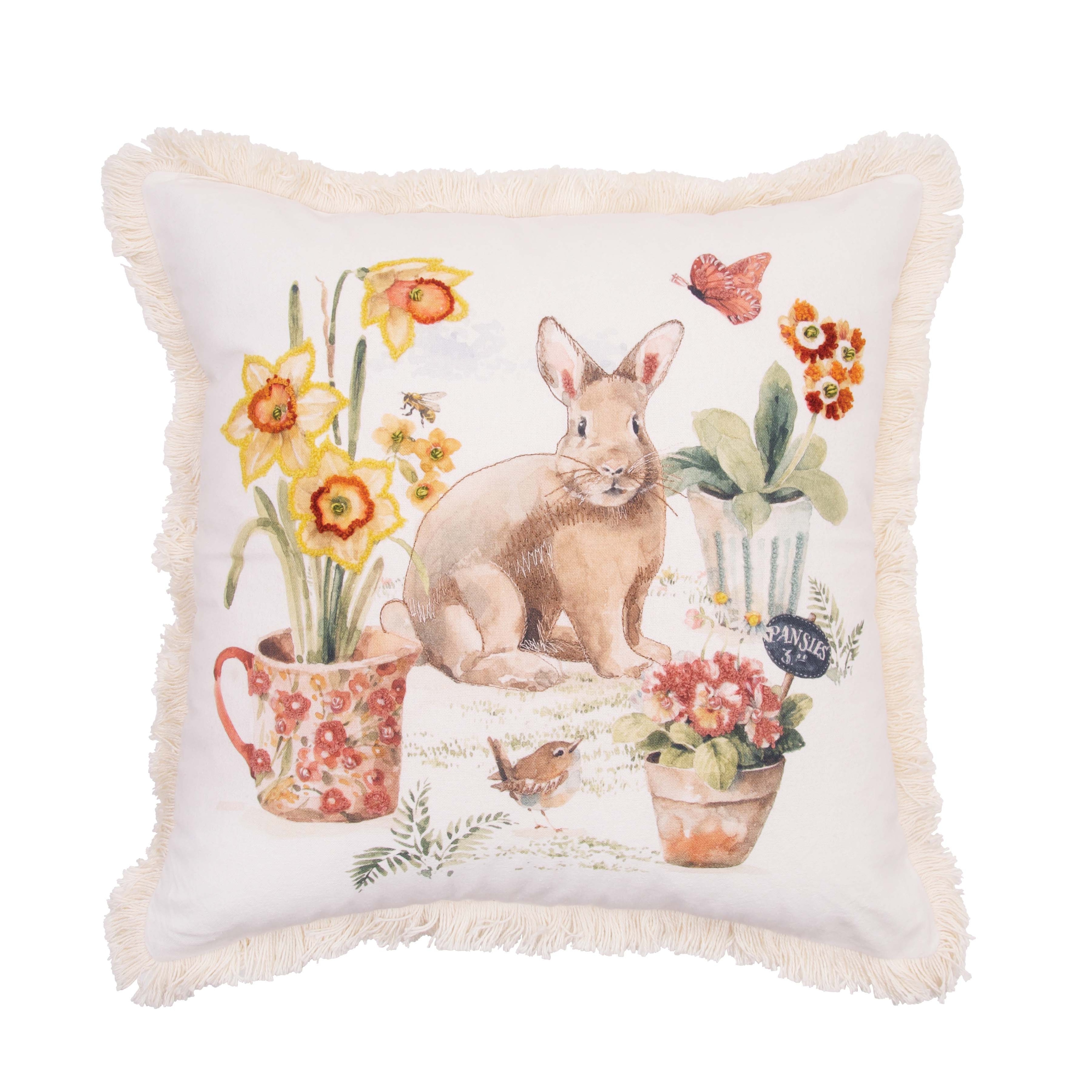 18" x 18" Little Garden Rabbit Bunny Fringed Graphic Print Throw Pillow - Yellow