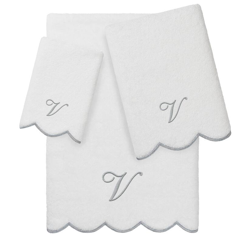 Authentic Hotel and Spa 100% Turkish Cotton Grey ADORNIA Scallop Personalized 3 Piece Towel Set - 3 Piece Set - V