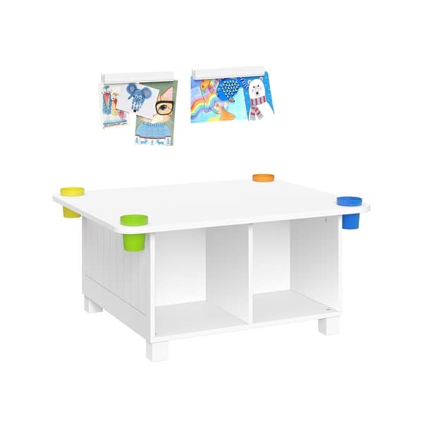 slide 1 of 1, RiverRidge Kids Desk Art Activity Table with 4 Cubbies and 4 Removable Storage Cups - White with 2 Art Display Bars