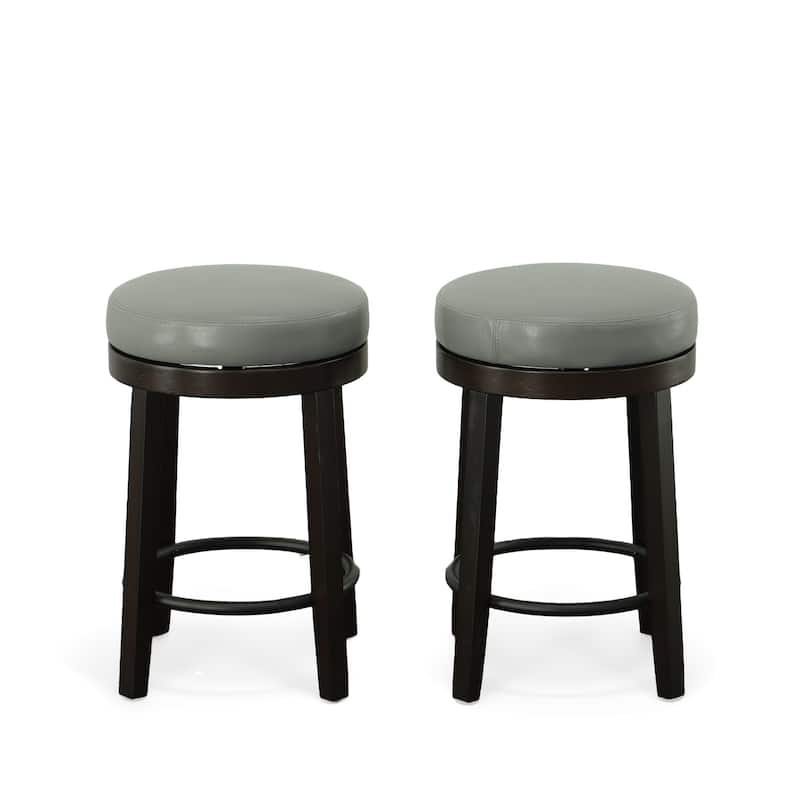 HomeRoots Set of Two 24" Gray And Espresso Faux Leather And Solid Wood Swivel Backless Counter Height Bar Chairs