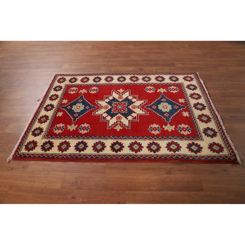 Red Kazak Foyer Rug Handmade Geometric Accent Wool Carpet - 2'8"x 3'9"