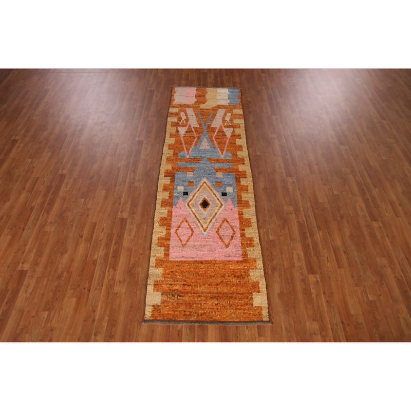 Geometric Orange Moroccan Runner Rug Handmade Wool Carpet - 2'10" x 9'8"