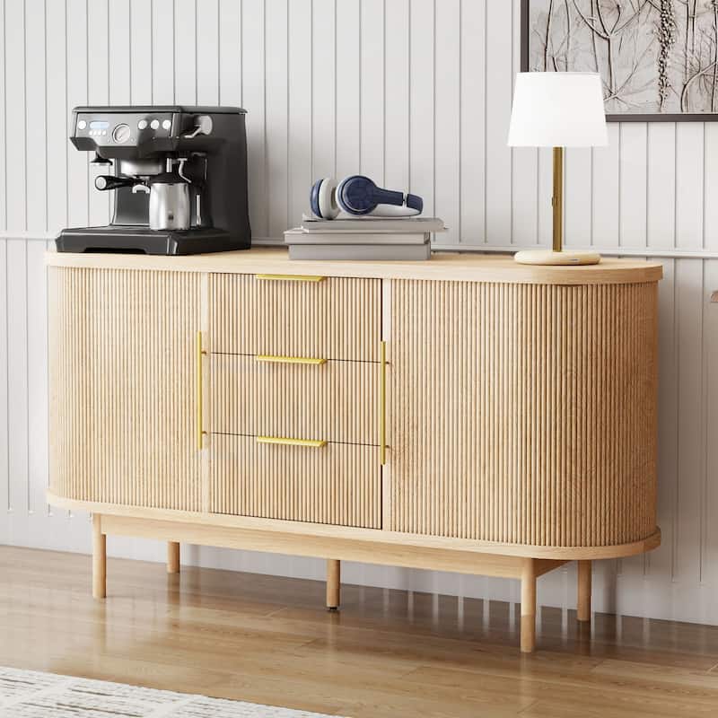 Moasis Mid-Century Modern Fluted Sideboard Buffet Cabinet with Sliding Doors and Drawers - Oak