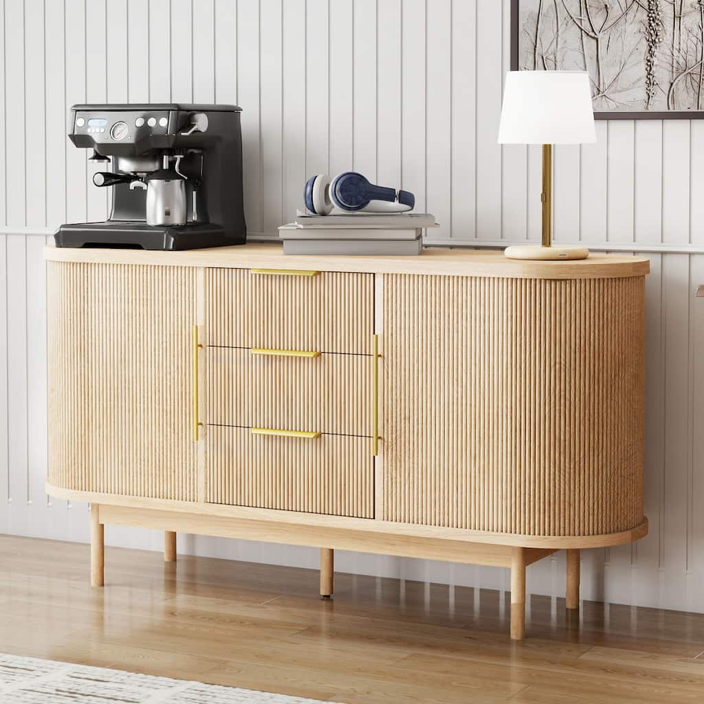 Moasis Mid-Century Modern Fluted Sideboard Buffet Cabinet with Sliding Doors and Drawers