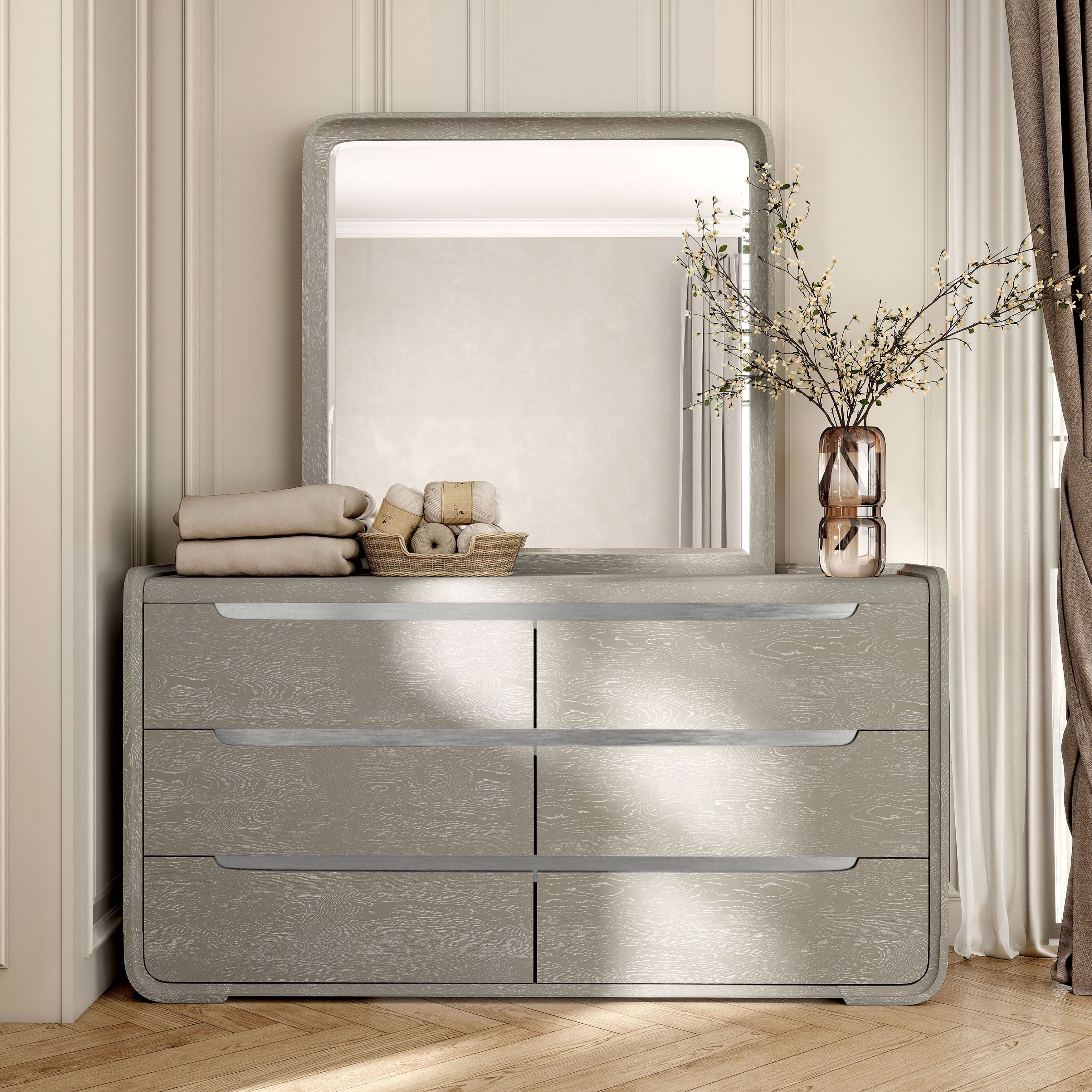 Furniture of America Wilter Light Gray 6 -Drawer 66-in W Standard Dresser with Mirror Stainless Steel