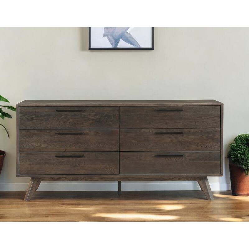 HomeRoots 63" Dark Brown Solid Wood Six Drawer Double Dresser - 6-drawer