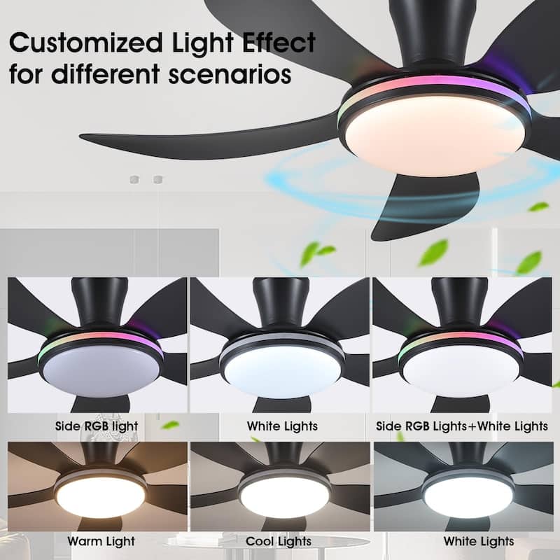 48 Inch Flush Mount DC Ceiling Fan with Lights, 5 Reversible Blades,3 CCT LED with Remote and APP Control - 48 Inches