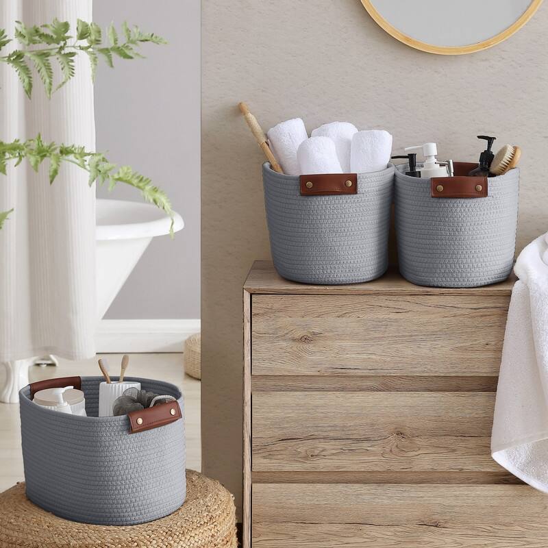 3 Pack Woven Cotton Rope Shelf Storage Basket with Leather Handles